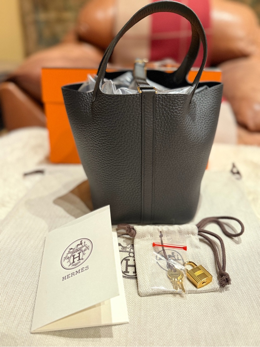 Picotin Lock Small Leather Tote - Black